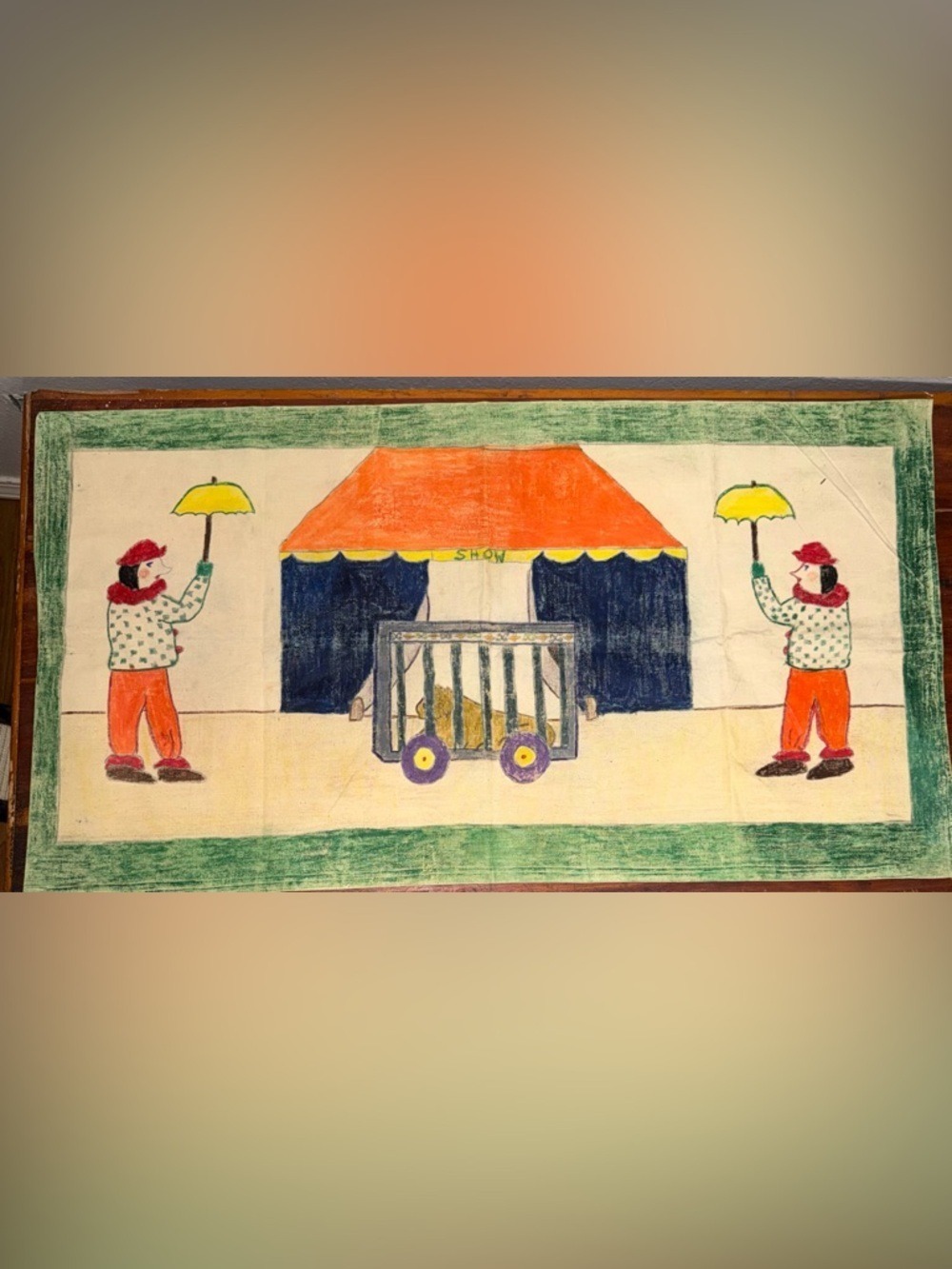 Vintage Handmade Painted Circus Doily Tablecloth